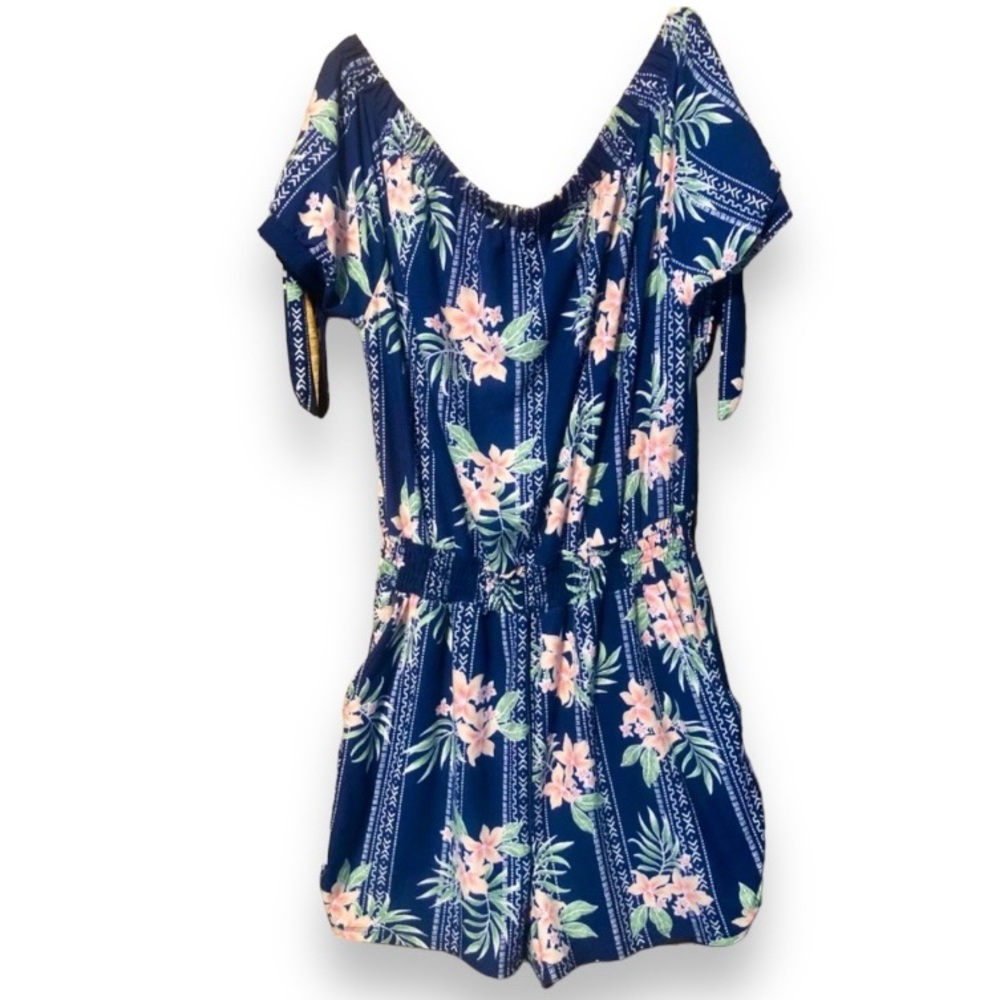 Derek Heart Shorts Romper Dark Blue Pink Flowers Tropical Off the Shoulders